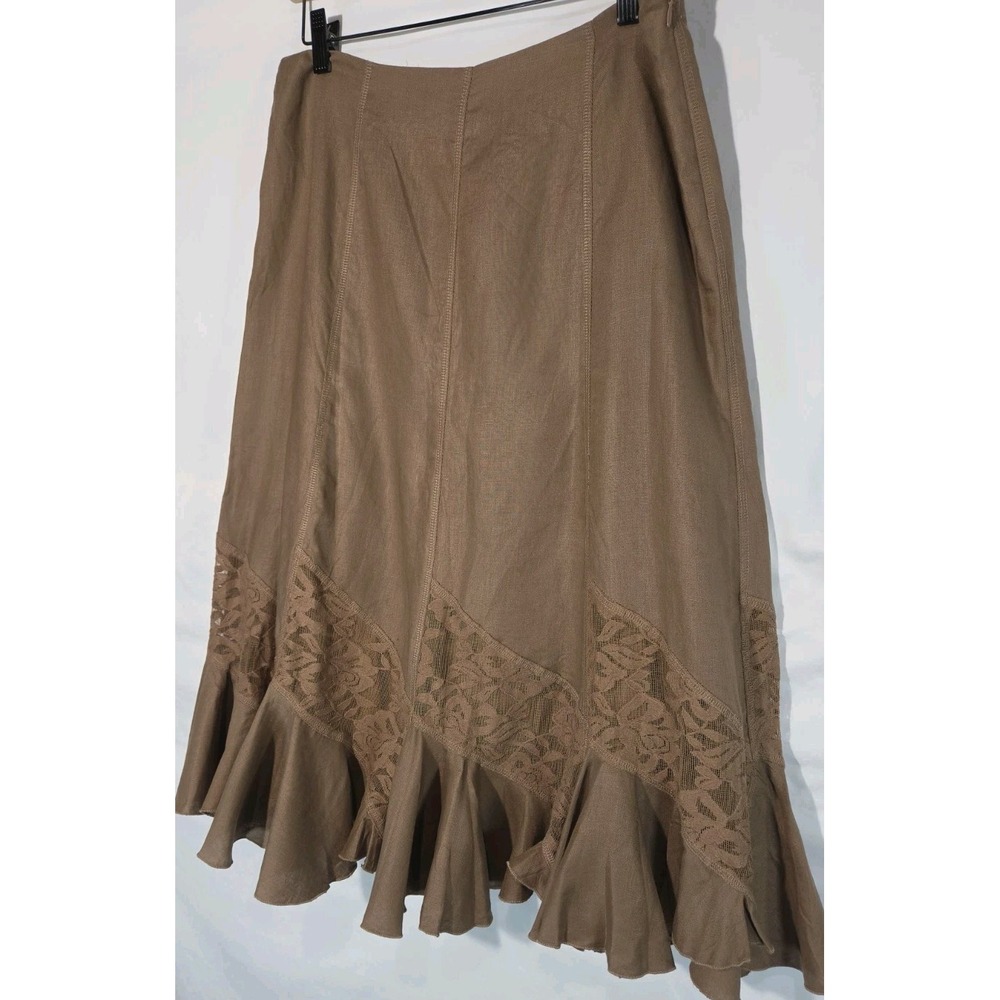 Nine West Midi Skirt Womens 8 Brown Linen Lace Boho Western A-Line Whimsigoth